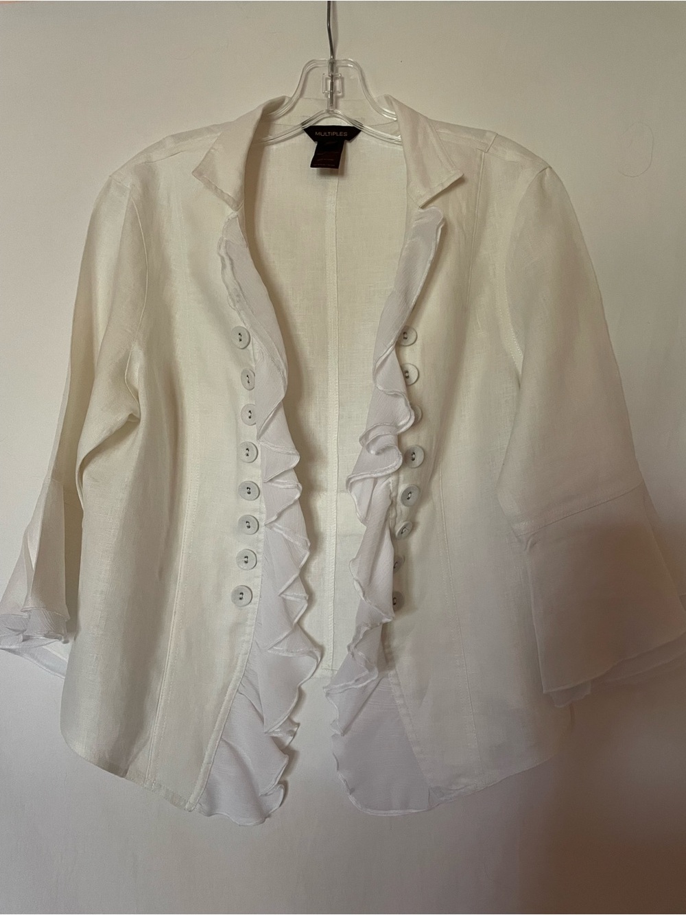Multiples White Ruffle-Trim Button Front Jacket